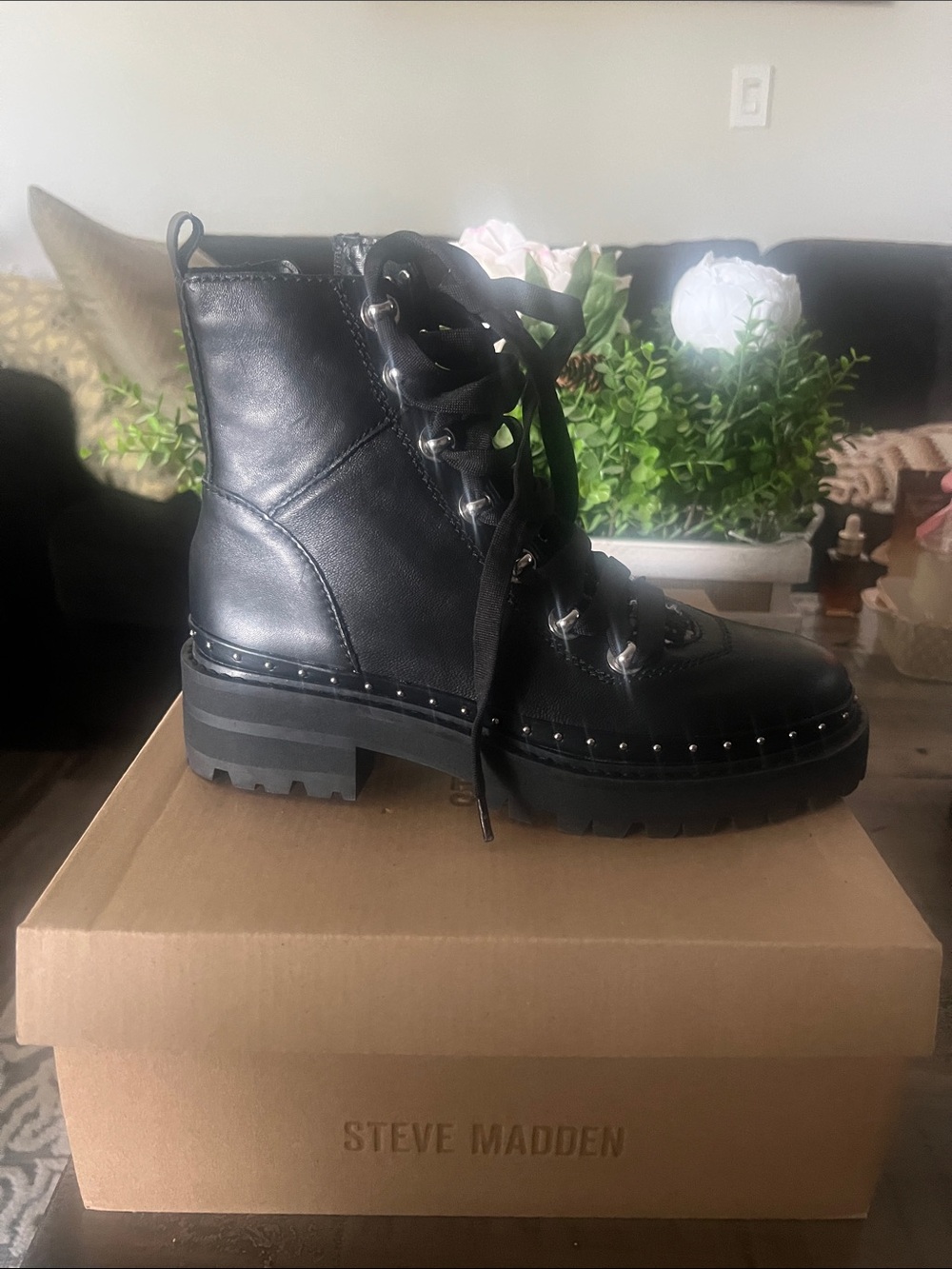 Steve Madden Black Leather Studded Lug Combat Boot